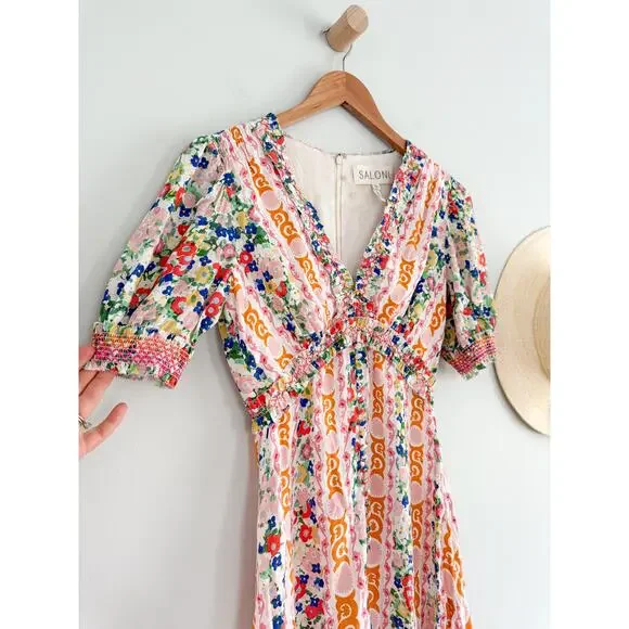 SaloniLea Smocked Floral-print Ecovero-blend Crepe Mini DressSz 0